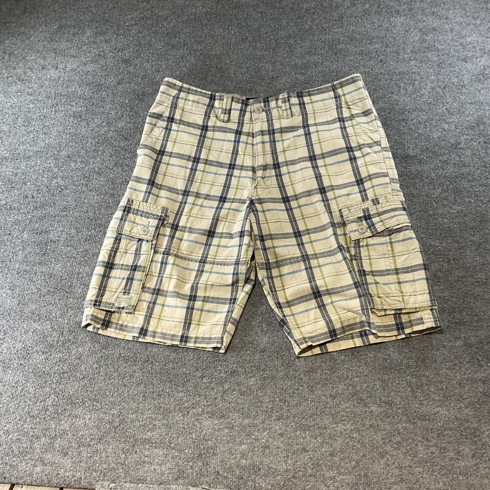 Signature by Levi Strauss & Co Mens Plaid Cargo Shorts Blue Green Cream Size 34